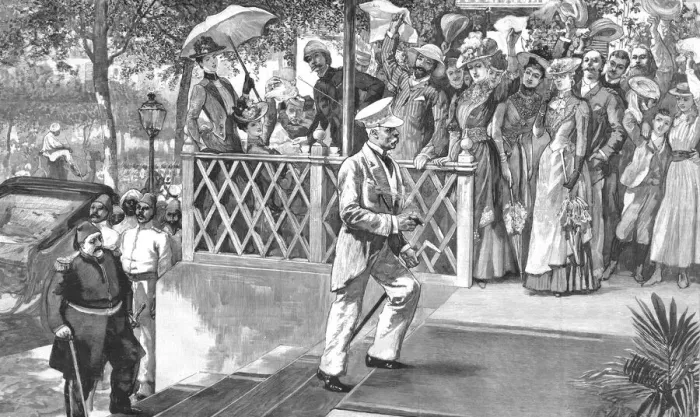 Framed Print : Mr. Stanley's Arrival at Cairo--Entering Shepheards Hotel after having visited the Khedive, 1890. Creator: Unknown Framed Print : Mr. Stanley's Arrival at Cairo--Entering Shepheards Hotel after having visited the Khedive, 1890. Creator: Unknown