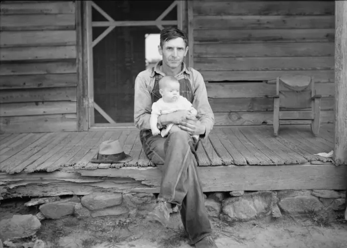 Framed Print : Mr. Whitfield, tobacco sharecropper with baby... North Carolina, Person County, 1939. Creator: Dorothea Lange