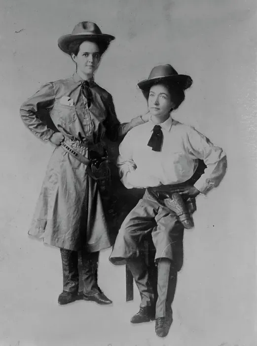 Framed Print : Mrs. Bessie Jenkins and Mrs. Cary Seely dressed up in cowboy outfits, 1910. Creator: Bain News Service Framed Print : Mrs. Bessie Jenkins and Mrs. Cary Seely dressed up in cowboy outfits, 1910. Creator: Bain News Service