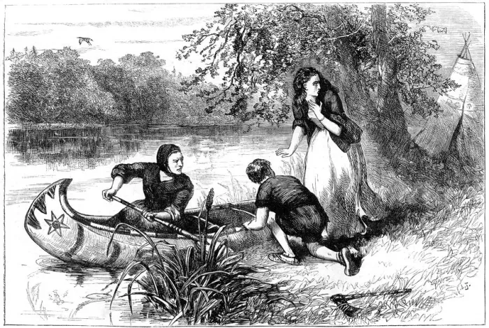 Framed Print : Mrs Dunstan escaping down the Merrimac, late 17th century(?) (c1880) Framed Print : Mrs Dunstan escaping down the Merrimac, late 17th century(?) (c1880)