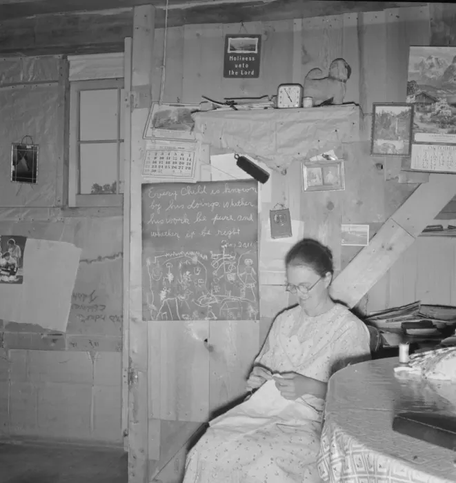 Framed Print : Mrs. Hull in one-room dugout basement home, Dead Ox Flat, Malheur County, Oregon, 1939. Creator: Dorothea Lange Framed Print : Mrs. Hull in one-room dugout basement home, Dead Ox Flat, Malheur County, Oregon, 1939. Creator: Dorothea Lange