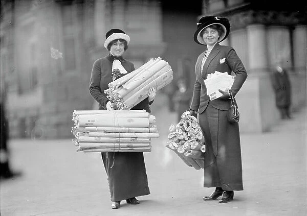Mrs. Martin Wiley Littleton, left, with Monticello Petitions, 1912. Creator: Harris & Ewing. Mrs. Martin Wiley Littleton, left, with Monticello Petitions, 1912. Creator: Harris & Ewing