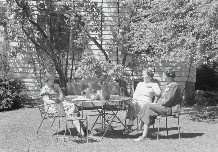 Framed Print : Mrs. Mary Benson and two identified women seated outdoors at a table, between 1933 and 1942. Creator: Arnold Genthe Framed Print : Mrs. Mary Benson and two identified women seated outdoors at a table, between 1933 and 1942. Creator: Arnold Genthe