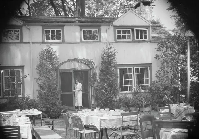 Framed Print : Mrs. Mary Benson standing at the entrance to her house, between 1933 and 1942. Creator: Arnold Genthe Framed Print : Mrs. Mary Benson standing at the entrance to her house, between 1933 and 1942. Creator: Arnold Genthe