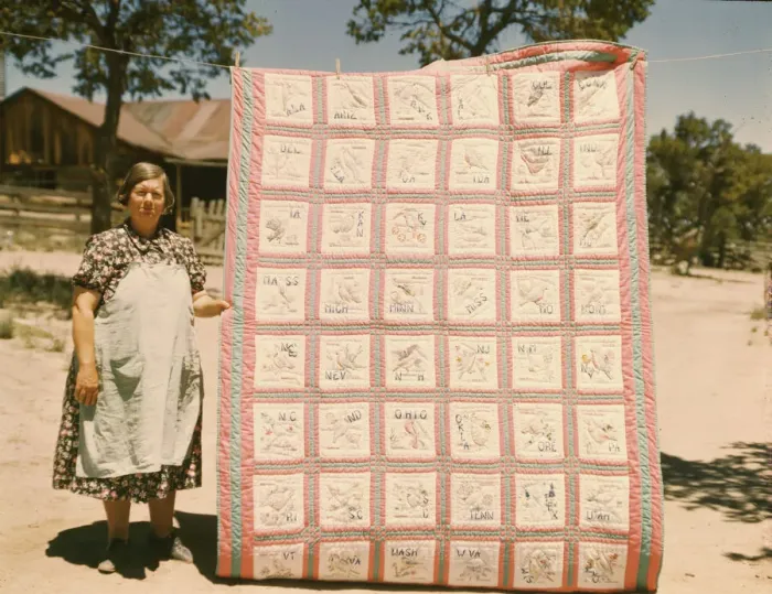 Framed Print : Mrs. Bill Stagg with state quilt that she made, Pie Town, New Mexico. 1940. Creator: Russell Lee Framed Print : Mrs. Bill Stagg with state quilt that she made, Pie Town, New Mexico. 1940. Creator: Russell Lee