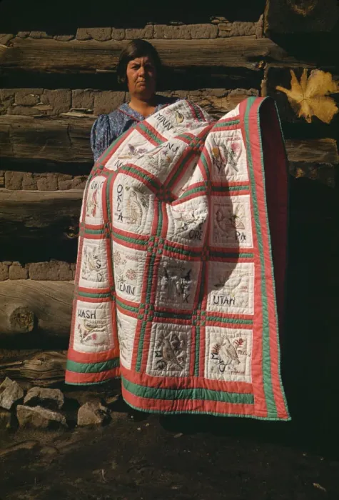 Framed Print : Mrs. Bill Stagg with state quilt which she made, Pie Town, New Mexico, 1940. Creator: Russell Lee Framed Print : Mrs. Bill Stagg with state quilt which she made, Pie Town, New Mexico, 1940. Creator: Russell Lee