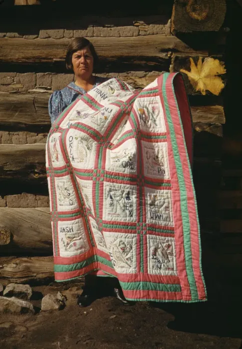 Framed Print : Mrs. Bill Stagg with state quilt, Pie Town, New Mexico, 1940. Creator: Russell Lee Framed Print : Mrs. Bill Stagg with state quilt, Pie Town, New Mexico, 1940. Creator: Russell Lee
