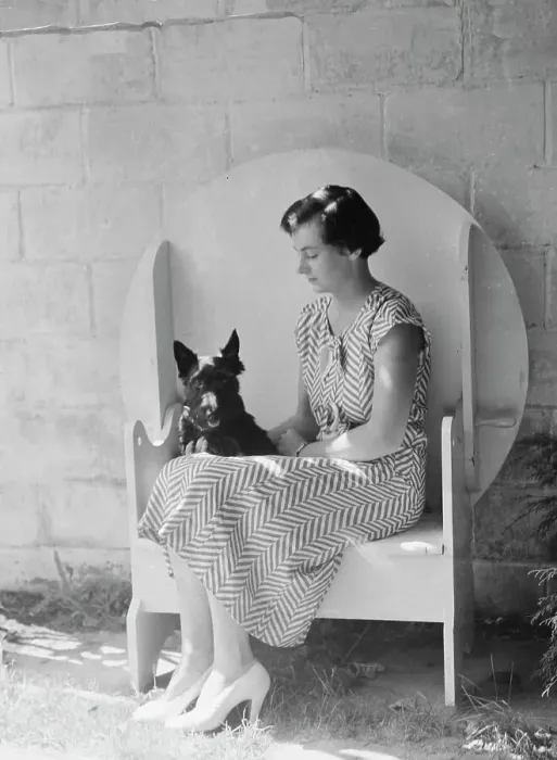 Framed Print : Mrs. Walter Fletcher with dog, seated outdoors, between 1933 and 1942. Creator: Arnold Genthe Framed Print : Mrs. Walter Fletcher with dog, seated outdoors, between 1933 and 1942. Creator: Arnold Genthe