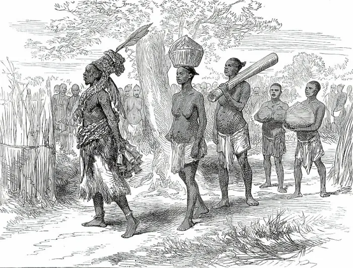 Framed Print : A Mrua Medicine Man and his Train, from a sketch by Lieutenant Cameron in Central Africa, 1876. Creator: Unknown Framed Print : A Mrua Medicine Man and his Train, from a sketch by Lieutenant Cameron in Central Africa, 1876. Creator: Unknown