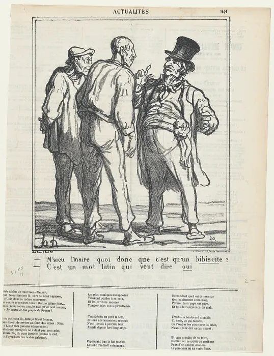 Framed Print : M'sieu l'maire quoi donc que c'est qu'un bibiscite?, 1870. Creator: Honore Daumier. M'sieu l'maire quoi donc que c'est qu'un bibiscite?, 1870 Framed Print : M'sieu l'maire quoi donc que c'est qu'un bibiscite?, 1870. Creator: Honore Daumier. M'sieu l'maire quoi donc que c'est qu'un bibiscite?, 1870