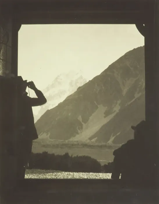 Framed Print : Mt Cook through the Hermitage doorway. From the album: Camera Pictures of New Zealand, 1920s. Creator: Harry Moult Framed Print : Mt Cook through the Hermitage doorway. From the album: Camera Pictures of New Zealand, 1920s. Creator: Harry Moult