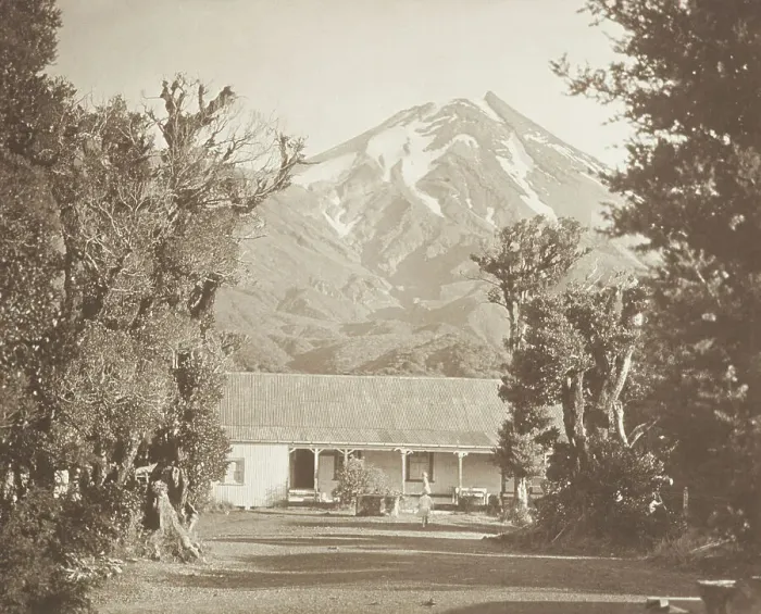 Framed Print : Mt Egmont from Dawson's Falls house. From the album: Record Pictures of New Zealand, 1920s. Creator: Harry Moult Framed Print : Mt Egmont from Dawson's Falls house. From the album: Record Pictures of New Zealand, 1920s. Creator: Harry Moult