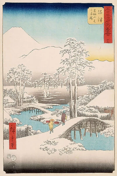 Mt. Fuji and Mt. Ashigara from Numazu in Clear Weather After a Snowfall, Published in 1855. Creator: Ando Hiroshige