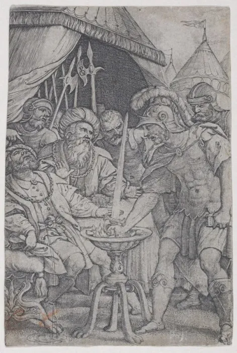 Framed Print : Mucius Scaevola and Porsenna, from Roman Heroes, 1535. 1535. Creator: Georg Pencz Framed Print : Mucius Scaevola and Porsenna, from Roman Heroes, 1535. 1535. Creator: Georg Pencz