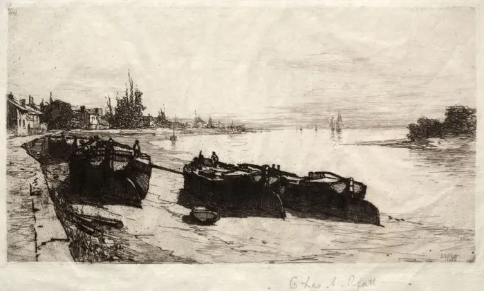 Framed Print : Mud Boats on the Thames, 1883. Creator: Charles Adams Platt (American, 1861-1933) Framed Print : Mud Boats on the Thames, 1883. Creator: Charles Adams Platt (American, 1861-1933)