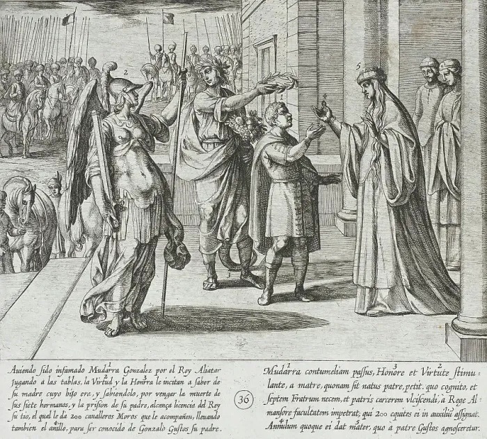 Framed Print : Mudarra Takes Leave of His Mother and Sets Out to Find His Father, 1612. Creator: Antonio Tempesta Framed Print : Mudarra Takes Leave of His Mother and Sets Out to Find His Father, 1612. Creator: Antonio Tempesta