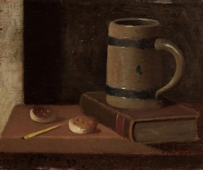 Framed Print : Mug, Book, Biscuits, and Match, 1893. Creator: John Frederick Peto Framed Print : Mug, Book, Biscuits, and Match, 1893. Creator: John Frederick Peto