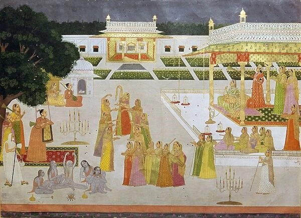 A Mughal painting of a princess and her ladies celebrating Diwali