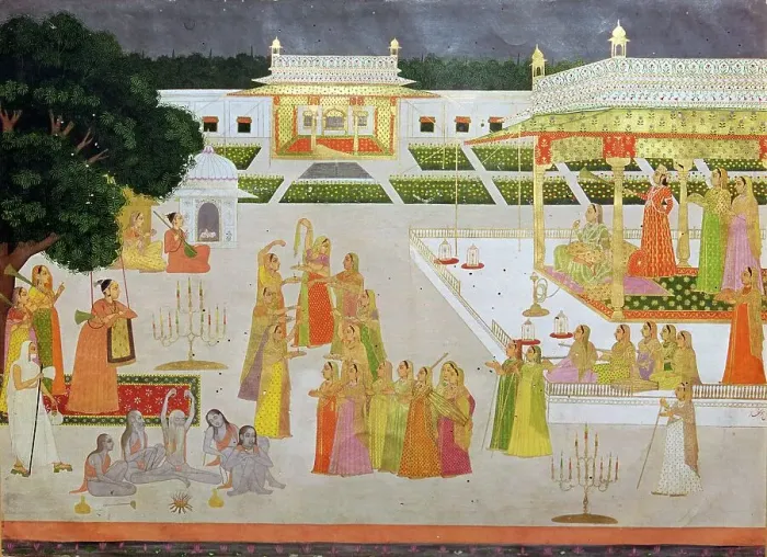 Framed Print : A Mughal painting of a princess and her ladies celebrating Diwali Framed Print : A Mughal painting of a princess and her ladies celebrating Diwali