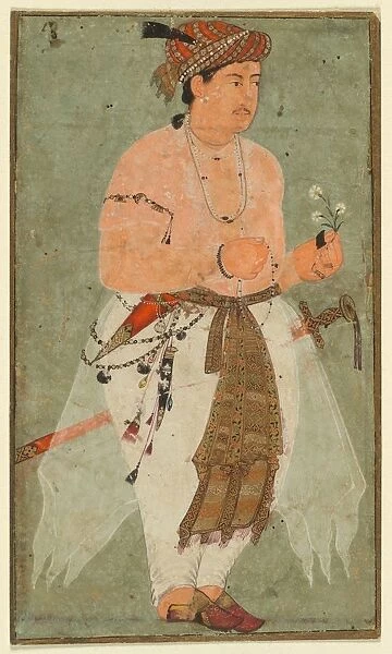 A Mughal Prince, Perhaps Danyal, Holding a Sprig of Flowers, c. 1580-1590. Creator: Unknown