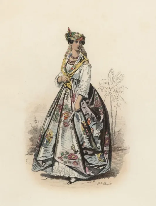Framed Print : Mulatto woman from Martinique island, Color engraving 1870 Framed Print : Mulatto woman from Martinique island, Color engraving 1870