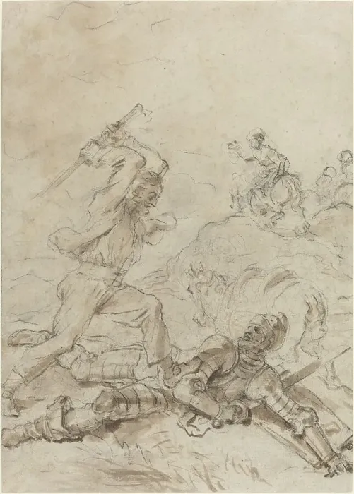 Framed Print : The Muleteer Attacking Don Quixote as He Lies Helpless on the Ground, 1780s. Creator: Jean-Honore Fragonard Framed Print : The Muleteer Attacking Don Quixote as He Lies Helpless on the Ground, 1780s. Creator: Jean-Honore Fragonard