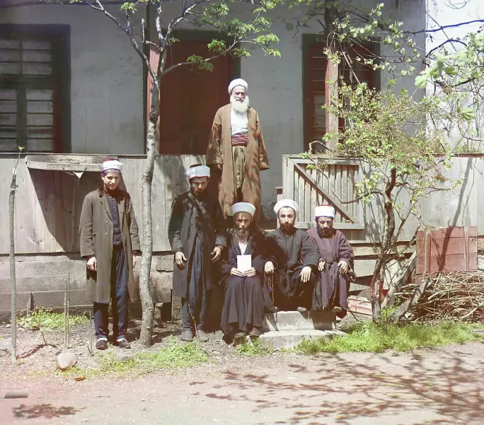 Framed Print : Mullahs in mosque, Aziziia [sic], Batum, between 1905 and 1915. Creator: Sergey Mikhaylovich Prokudin-Gorsky
