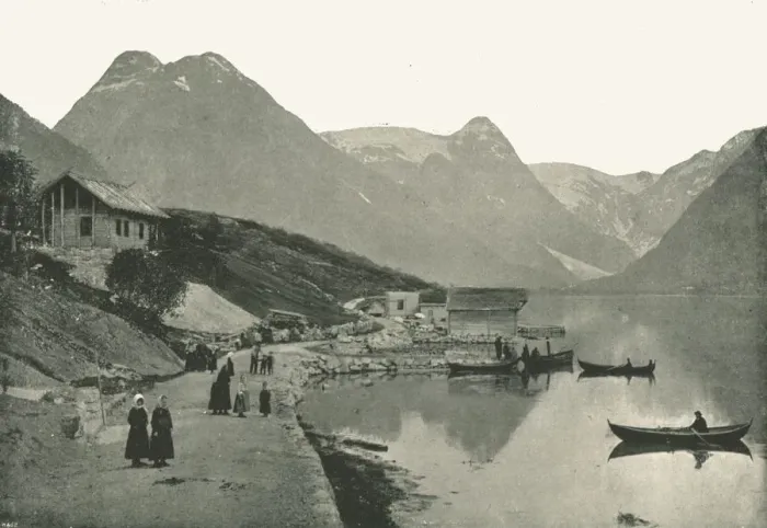 Framed Print : Mundal, on the Fjaerlandsfjorden, Sogn, Norway, 1895. Creator: Poulton & Co Framed Print : Mundal, on the Fjaerlandsfjorden, Sogn, Norway, 1895. Creator: Poulton & Co