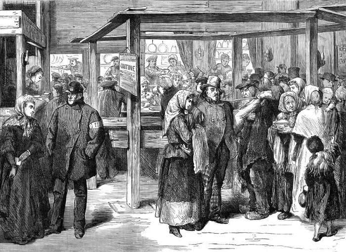 Framed Print : Municipal canteen at the corner of the Boulevard Poissonniere, Paris (sketch by balloon post), 1871. Creator: Unknown Framed Print : Municipal canteen at the corner of the Boulevard Poissonniere, Paris (sketch by balloon post), 1871. Creator: Unknown