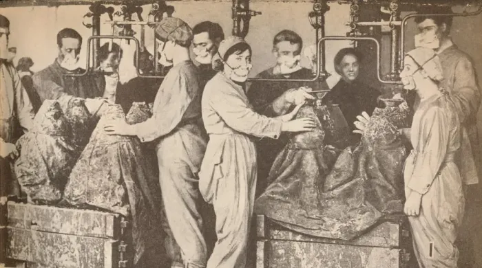 Framed Print : Munition Workers Wearing Respirators While Filling Sells with Trinitrotoluene (T. N. T. ), c1916, (19