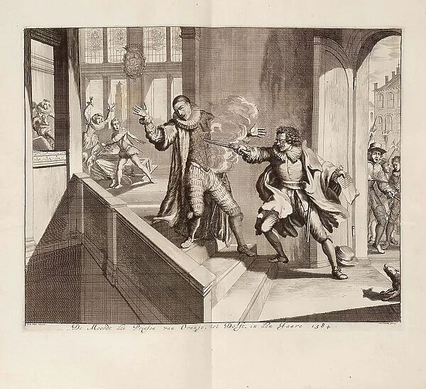 Murder of the Prince of Orange in Delft in 1584, c. 1680. Creator: Luyken, Jan (Johannes) (1649-1712)