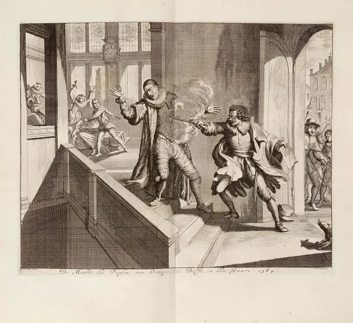 Framed Print : Murder of the Prince of Orange in Delft in 1584, c. 1680. Creator: Luyken, Jan (Johannes) (1649-1712) Framed Print : Murder of the Prince of Orange in Delft in 1584, c. 1680. Creator: Luyken, Jan (Johannes) (1649-1712)