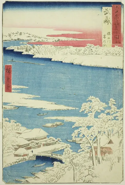 Framed Print : Musashi Province: Morning after Snow on the Sumida River (Musashi, Sumidagawa yuki no ashi... 1853. Creator: Ando Hiroshige) Framed Print : Musashi Province: Morning after Snow on the Sumida River (Musashi, Sumidagawa yuki no ashi... 1853. Creator: Ando Hiroshige)
