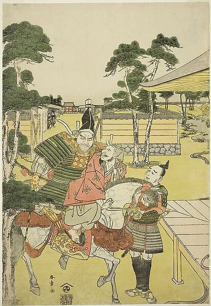 Musashibo Benkei Brings the Captured Tosabo Shoshun to Yoshitsune in the Play Horikawa...c. 1782. Creator: Shunsho