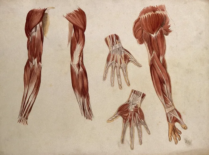 Framed Print : Muscles of the arm and hand: five ecorche figures, 1880. Creator: Adele Mongredien Framed Print : Muscles of the arm and hand: five ecorche figures, 1880. Creator: Adele Mongredien