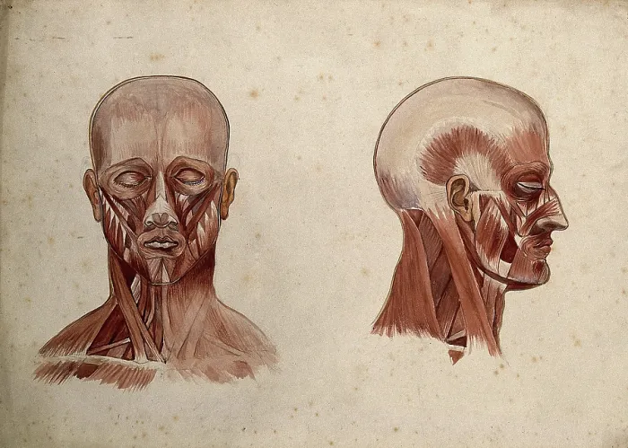 Framed Print : Muscles of the head and neck: two ecorche figures, 1880. Creator: Adele Mongredien Framed Print : Muscles of the head and neck: two ecorche figures, 1880. Creator: Adele Mongredien