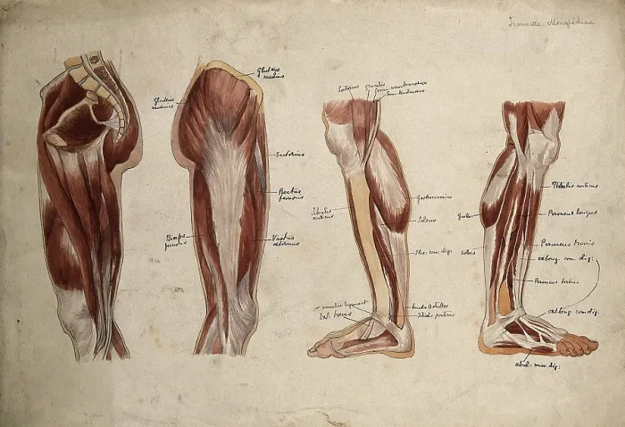 Framed Print : Muscles of the leg and foot: four ecorche figures, 1880. Creator: Jeannette Mongredien Framed Print : Muscles of the leg and foot: four ecorche figures, 1880. Creator: Jeannette Mongredien