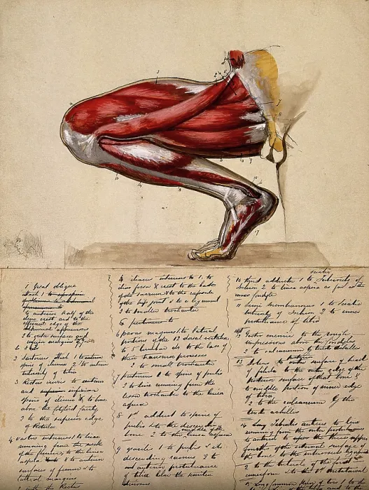 Framed Print : Muscles of the leg and foot: medial side view, with knee bent and foot flexed, 1800-1899. Creator: Unknown Framed Print : Muscles of the leg and foot: medial side view, with knee bent and foot flexed, 1800-1899. Creator: Unknown