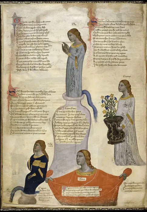 Framed Print : Four Muses (From Regia Carmina by Convenevole da Prato). Artist: Pacino di Buonaguida (active 1302-1343) Framed Print : Four Muses (From Regia Carmina by Convenevole da Prato). Artist: Pacino di Buonaguida (active 1302-1343)