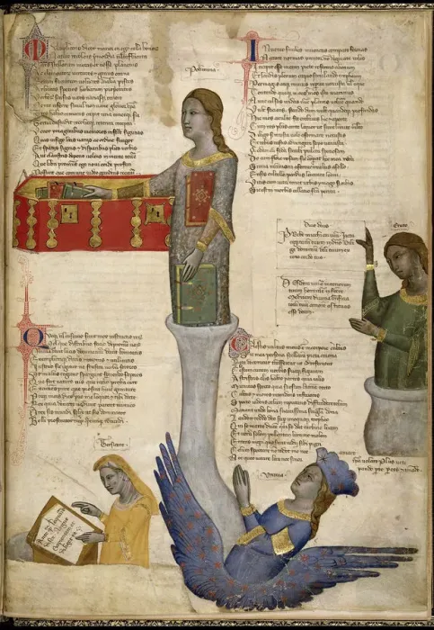 Framed Print : Four Muses (From Regia Carmina by Convenevole da Prato). Artist: Pacino di Buonaguida (active 1302-1343) Framed Print : Four Muses (From Regia Carmina by Convenevole da Prato). Artist: Pacino di Buonaguida (active 1302-1343)
