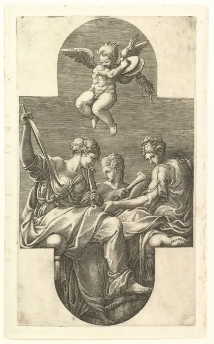 Framed Print : Three Muses and a Putto with Cymbals, a cruciform composition, from a series of eight com Framed Print : Three Muses and a Putto with Cymbals, a cruciform composition, from a series of eight com