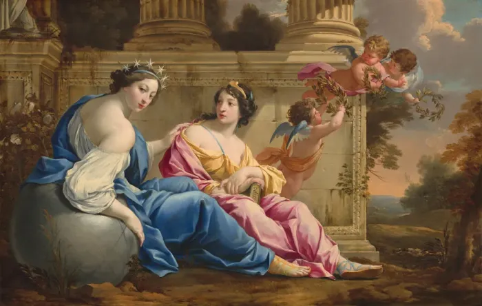 Framed Print : The Muses Urania and Calliope, c. 1634. Creators: Simon Vouet, Workshop of Simon Vouet Framed Print : The Muses Urania and Calliope, c. 1634. Creators: Simon Vouet, Workshop of Simon Vouet