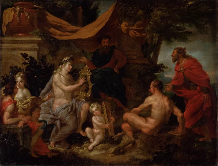 Framed Print : The Music Competition of Pan and Apollo (The Music Competition of Apollo and Silenus), around 1700. Creator: Godfried Maes Framed Print : The Music Competition of Pan and Apollo (The Music Competition of Apollo and Silenus), around 1700. Creator: Godfried Maes