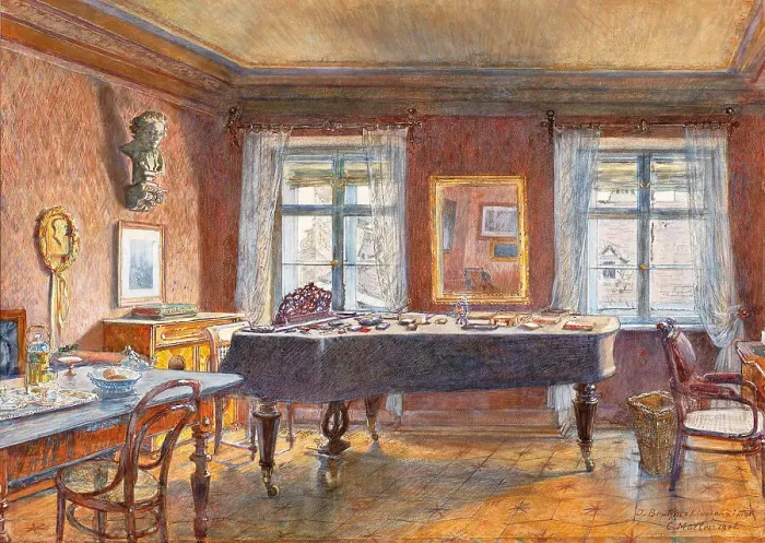 Framed Print : Music room of the composer Johannes Brahms in his last apartment in Vienna, 1906. Creator: Müller, Carl (1862-1938) Framed Print : Music room of the composer Johannes Brahms in his last apartment in Vienna, 1906. Creator: Müller, Carl (1862-1938)