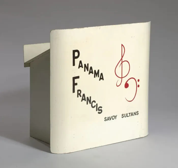 Framed Print : Music stand for the Panama Francis Savoy Sultans, ca. 1974 Framed Print : Music stand for the Panama Francis Savoy Sultans, ca. 1974