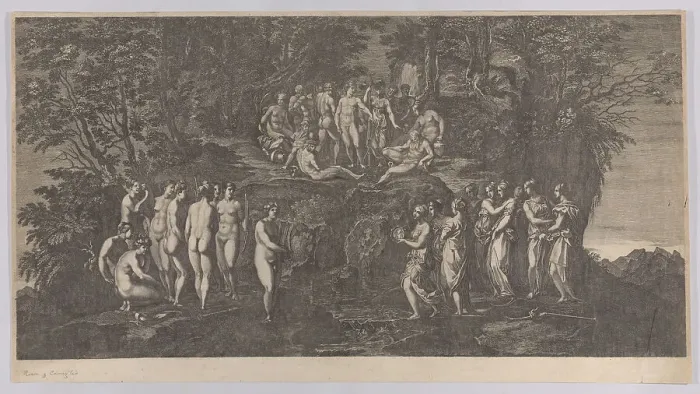 Framed Print : The musical contest between the Muses on one side and the Pierides on the other, judg... 1750-1850. Creator: Anon Framed Print : The musical contest between the Muses on one side and the Pierides on the other, judg... 1750-1850. Creator: Anon