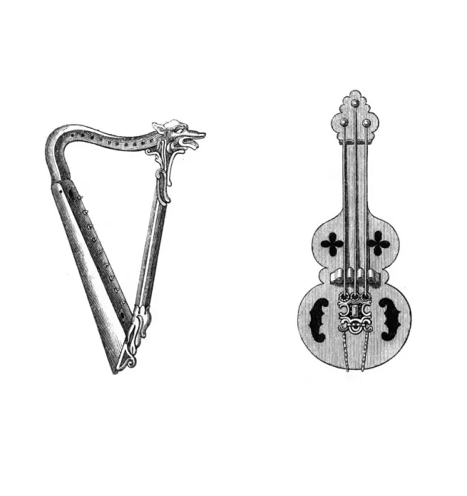 Framed Print : Musical instruments, 12th century, (1843). Artist: Henry Shaw Framed Print : Musical instruments, 12th century, (1843). Artist: Henry Shaw