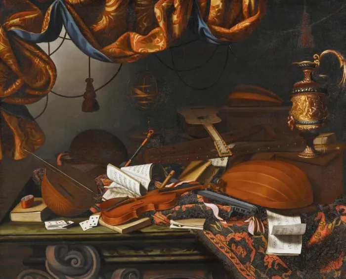 Framed Print : Musical instruments. Creator: Bettera, Bartolomeo (1639-c. 1688) Framed Print : Musical instruments. Creator: Bettera, Bartolomeo (1639-c. 1688)