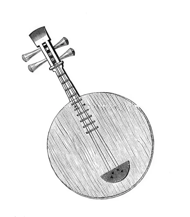 Framed Print : Musical Instruments in the South Kensington Museum: Chinese Yue-kin, or Moon Guitar, 1870. Creator: Unknown Framed Print : Musical Instruments in the South Kensington Museum: Chinese Yue-kin, or Moon Guitar, 1870. Creator: Unknown