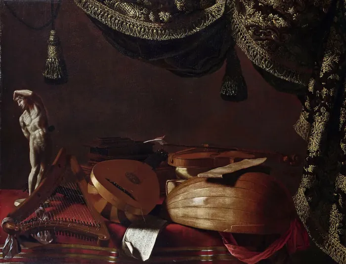 Framed Print : Musical instruments and statuette, c. 1660. Creator: Baschenis, Evaristo (1617-1677) Framed Print : Musical instruments and statuette, c. 1660. Creator: Baschenis, Evaristo (1617-1677)